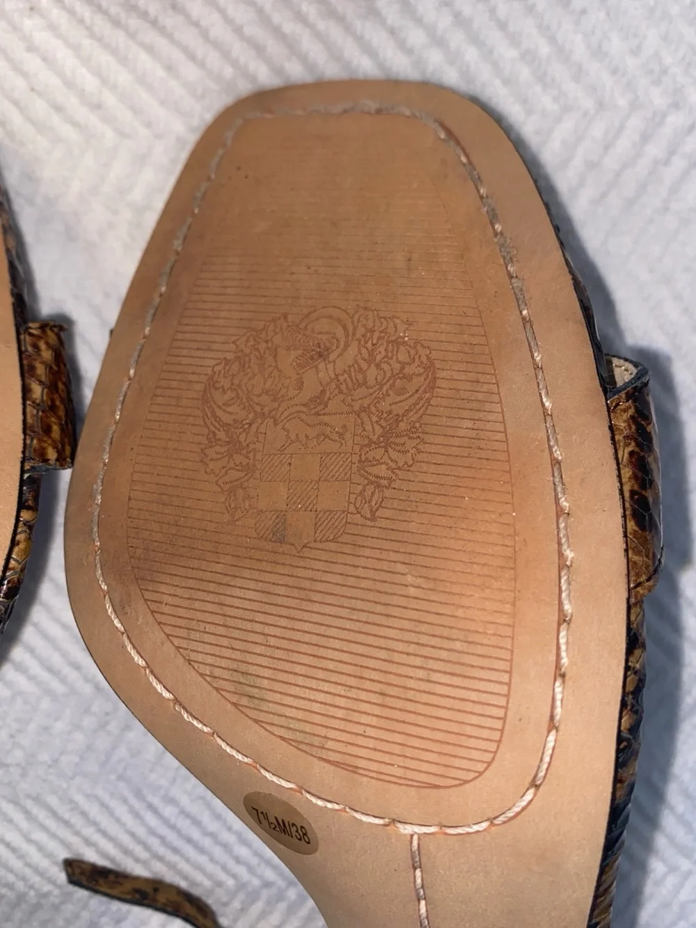 Vince Camuto Brown Snake-Print Ankle Strap Stiletto Sandals; 7.5M
